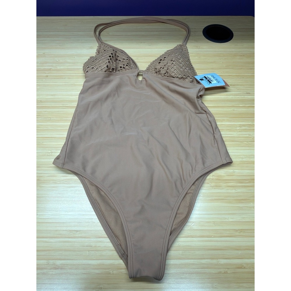 Shade & Shore Women's One Piece Swimsuit Crochet High Leg Cheeky Tan S NWT - Picture 2 of 7